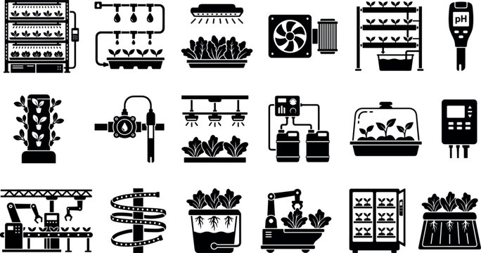 Smart Agriculture and Hydroponic Vertical Farming System Silhouette Icon Set Featuring Automated Greenhouse Technology and Plant CultivationSmart Agriculture and Hydroponic Vertical Farming System Sil