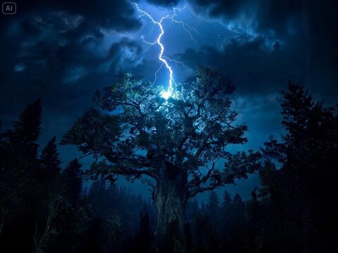 A powerful and dramatic nature illustration depicting a massive ancient tree being struck by a vivid bolt of electric lightning amidst a dark, stormy forest at night.
