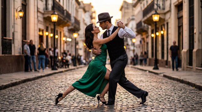 Elegant couple dancing argentine tango on cobblestone street at sunset