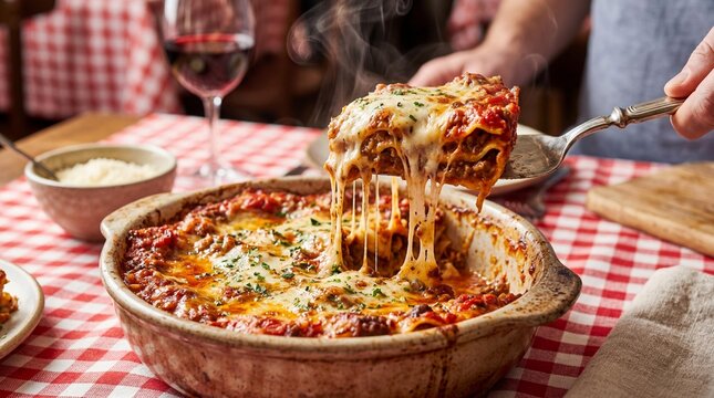Lifting a hot slice of lasagna with melting cheese pull at a restaurant