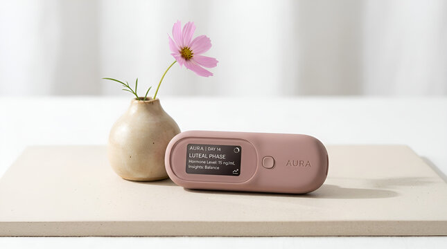 Hormone tracking device on wooden surface with pink flower in vase minimalist lifestyle