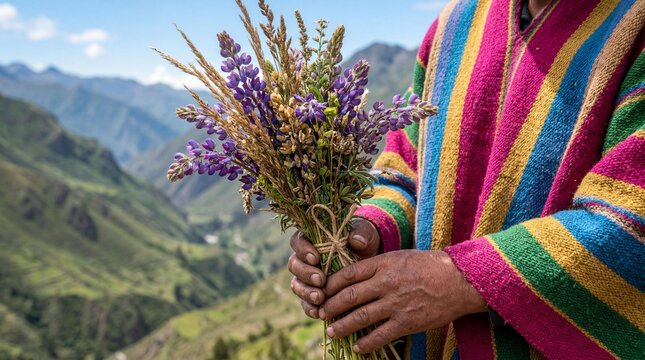 Andean man in a colorful poncho holding wild lupines in the Peru mountains