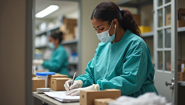 Healthcare professional documenting in laboratory with protective gear and gloves. Medical worker engages in important record-keeping within clinical setting,