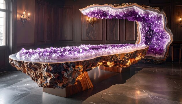A grand dining table carved from a single massive slice of amethyst geode showcases glittering purple crystals in a dark wood dining room, perfect for cinematic interior design banners.