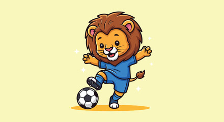 Cute cartoon lion playing soccer in blue jersey.