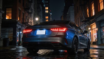 Obraz premium Luxury sedan parked on wet city street at night with glowing lights.
