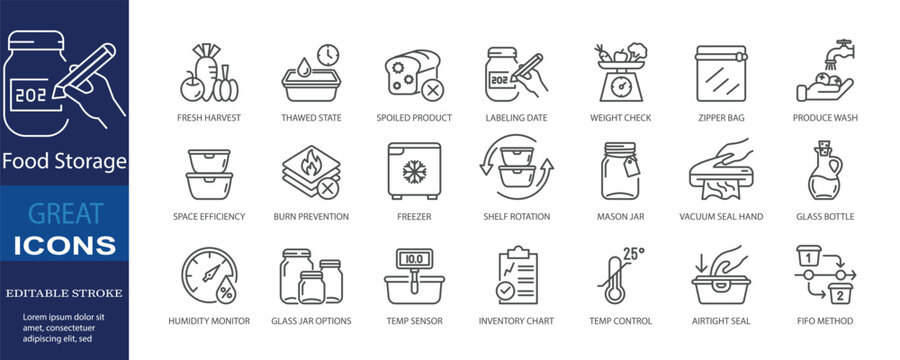 Collection of 21 editable stroke icons illustrating food storage, preservation methods, freshness monitoring, labeling, inventory management, and kitchen organization. Ideal for food packaging