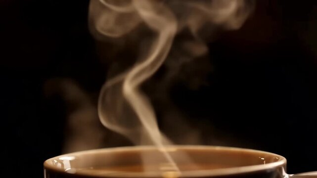 Close up of hot steaming coffee in a mug on a dark background.