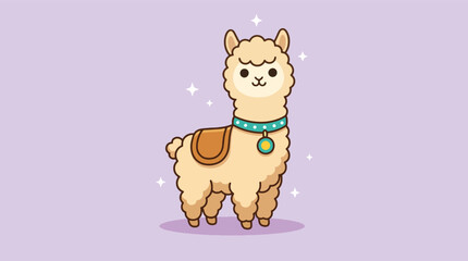 Cute cartoon llama character standing with a collar and saddle. © Caroline Studio