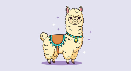 Cute cartoon llama character with decorative saddle. © Caroline Studio