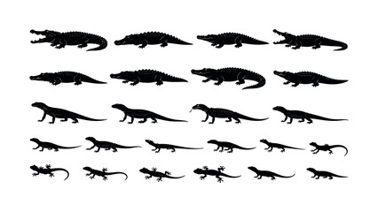 Fototapeta premium Crocodile and lizard silhouette collection with crawling reptile side views, crocodile, lizard, reptile, alligator, animal,