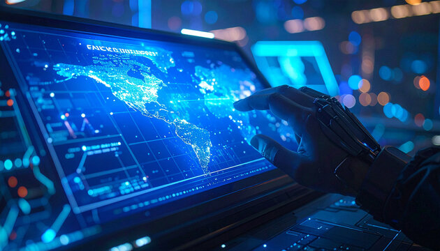 Futuristic Interface Interaction: A robotic hand interacts with a glowing holographic world map displayed on a futuristic interface, suggesting global connectivity and advanced technology.