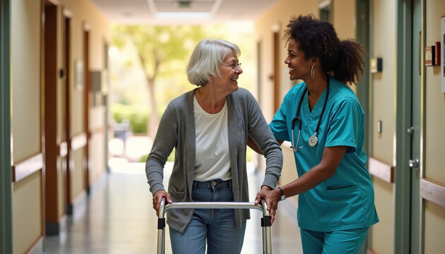 Caring nurse assisting elderly woman with walker in hospital corridor. Nurse provides essential support to older patient as they walk through healthcare facility.