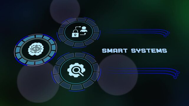 Advanced smart systems architecture interface with AI cognitive brain icon, secure cloud access padlock, and automated processing gear