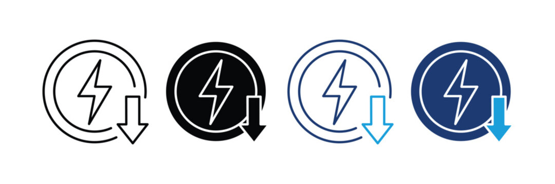 Low Energy Consumption and Battery Saver Mode Icon Set. Electricity Reduction Voltage, Drop Renewable Power Saving Symbol. Vector Illustration.