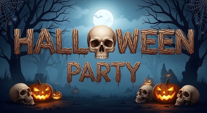 Halloween party text with wooden texture and a skull replacing the letter o, spooky forest background