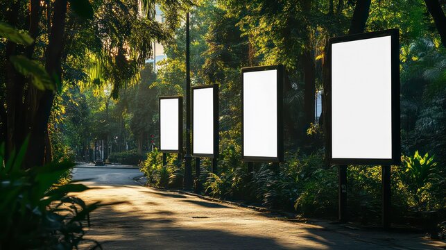 Hanging posters by the road in the city blank vertical advertising banners on street lampposts against lush green trees and plants For OOH out of home template mock up