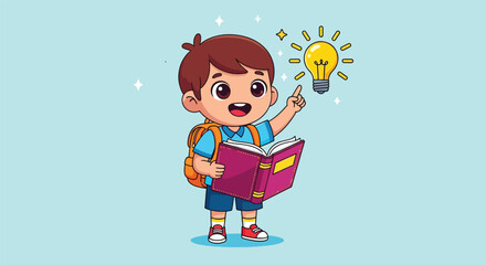 Naklejka premium Cute school boy reading a book and having a brilliant idea illustration.