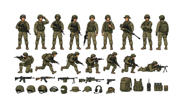 Military soldier character collection with uniforms, helmets, weapons and action poses, soldier, military, uniform, helmet, weapon