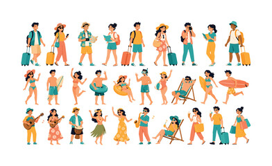 Fototapeta premium Travel leisure character set with tourists, swimmers, musicians, luggage and summer activities, travel, leisure, tourists,