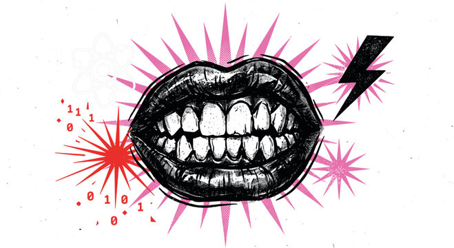 Retro brutalist mouth and lips vector illustration featuring sketchy teeth binary code and lightning elements
