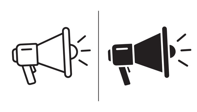 Megaphone Icon Pair: A graphic representation of a megaphone shown in two styles, outline and solid black, symbolizing communication, announcement, and promotion.