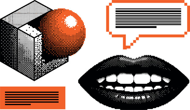 Retro pixel art vector element set featuring 3d geometric shapes speech bubble and halftone lips
