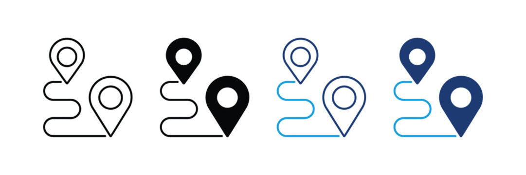 GPS Map Route and Navigation Tracking Icon Set. Location Pin Trip, Destination Distance Waypoint Guide Symbol. Vector Illustration.