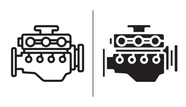 Engine Icons: A set of two graphic icons representing a car engine, one in an outline style and the other as a solid silhouette.