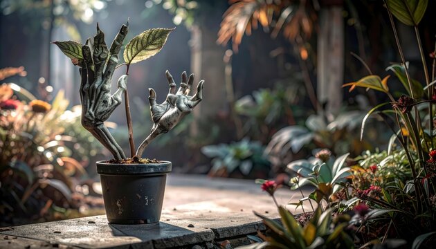 Surreal potted plant with uncanny leaves shaped like detailed human hands grows in a lush garden setting, captured in a widescreen cinematic banner format.