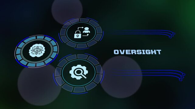 Corporate oversight digital dashboard display with AI neural network icon, secure user verification lock, and process monitoring gear