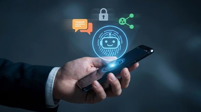 Biometric AI Security and Authentication Concept: Floating Holographic Robotic Face Scan, Message Alerts, and Lock Icons Over Smartphone