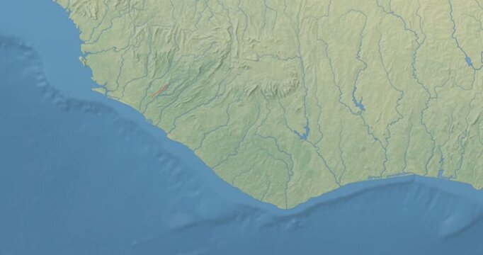Liberia on Globe. Zoom into the country with Earth spinning on dark background. Physical world map with Liberia and label on it. Country view animation.