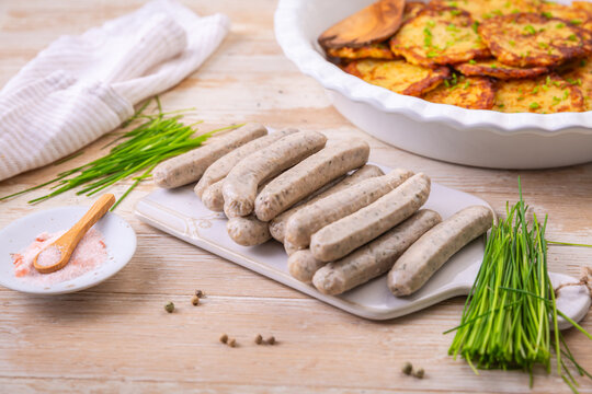 Small raw German sausages, Nuremberg  sausages prepared for baking or grilling