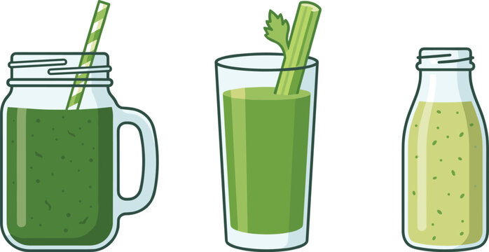 Healthy green smoothie and juice vector set flat illustration featuring glass jar celery stalk bottle and striped straw isolated on white background