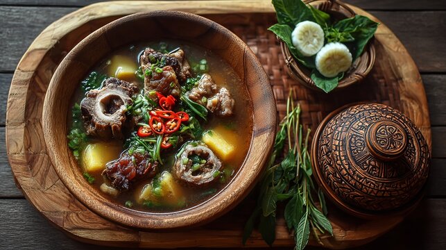 Beautifully arranged serving of traditional oxtail soup in a bowl, hearty meat broth with vegetables and herbs, close-up food presentation
