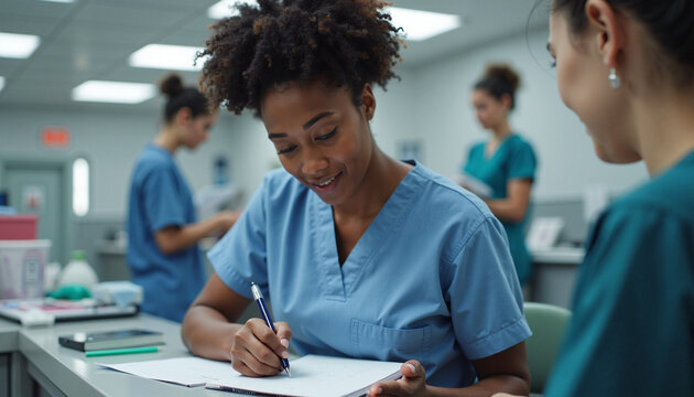 Medical professionals working in clinic with nurse writing notes at desk, healthcare team focused on patient care and documentation, concept of teamwork in health services.