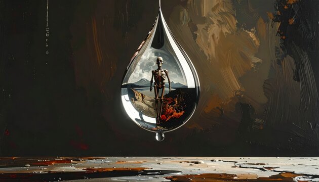 Shimmering liquid mercury droplet suspended in mid air reflects a tiny human skeleton standing in a post apocalyptic landscape, conveying existential doom in a dark cinematic banner.