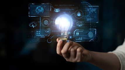 Fototapeta premium A futuristic command center interface for managing a global technology platform. The dashboard includes data security, network administration, and biometric user authentication. Fermion