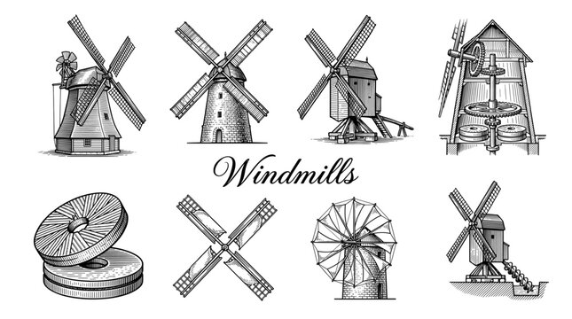 Vintage Hand Drawn Windmill Set, Traditional European Mills and Internal Mechanisms Vector Illustration including Millstones and Gears