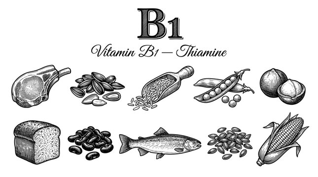 Vitamin B1 Thiamine Food Sources Vector Illustration Set. Hand-Drawn Engraved Style Icons of Meat, Seeds, Fish, Beans, and Grains. Healthy Nutrition Graphic Collection on White Background.