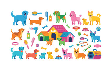 Fototapeta premium Colorful dog breed and pet character set with many cute dogs, houses, grooming items and outdoor pet accessories, dog, puppy, pet,