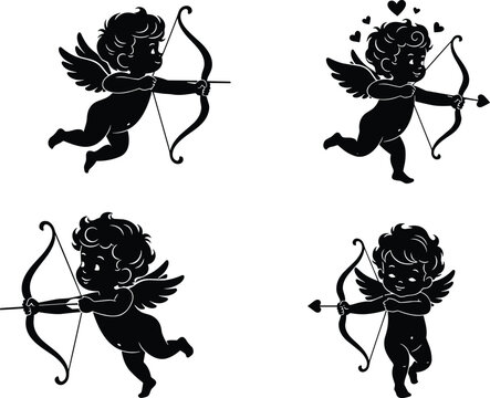 Set of cute cupid black silhouettes shooting love arrows with bow isolated on a white background