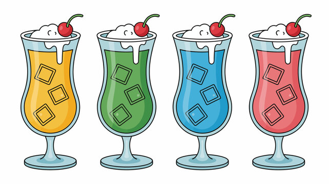 Four colorful milkshakes with cherry toppings in tall glasses