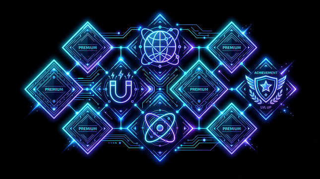 Futuristic neon infographic interface with glowing premium diamond frames and digital technology icons on a pure black background for modern software user interface design