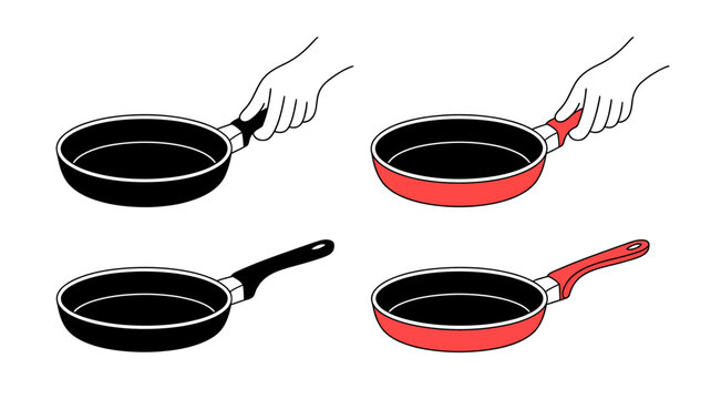 Illustration of hands holding and using red and black frying pans