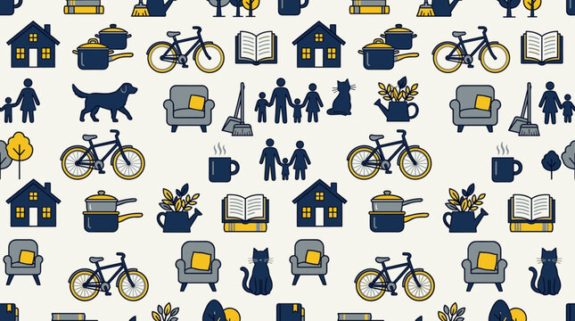 Family daily activities and domestic icons arranged in a seamless repeating pattern for lifestyle branding and wallpapers.