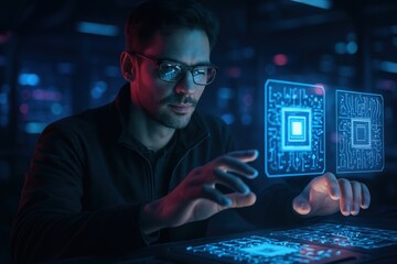 Fototapeta premium A young man interacts with virtual microchip interfaces, immersed in futuristic blue and pink glowing AI technology environment