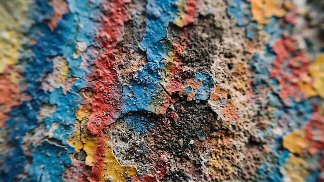 Close-up of colorful textured paint peeling and cracking revealing intricate patterns on surface