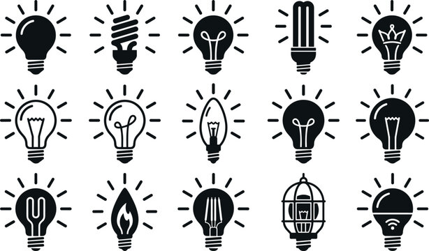 Glowing light bulb black silhouette icon set vector illustration featuring modern led and retro filament lamps